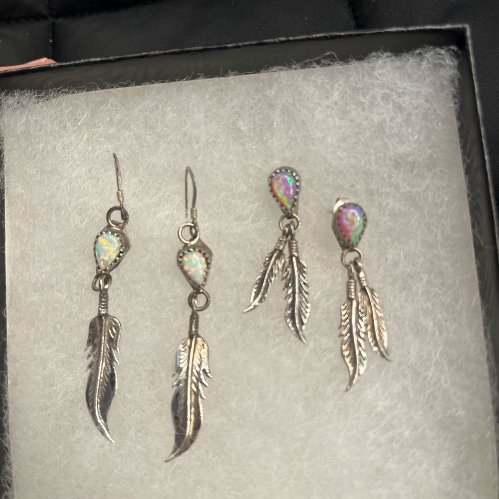 Elegant Sterling Silver Feather Earrings with Opal Accents